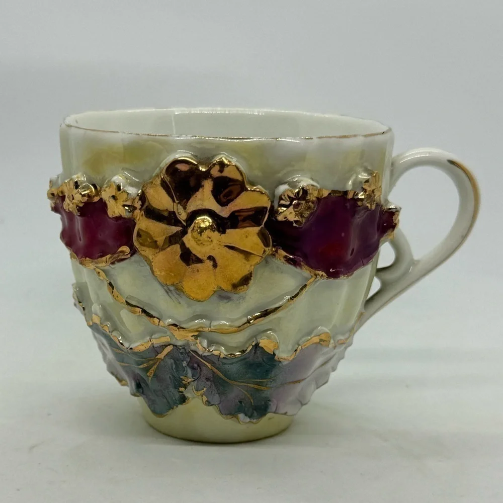 Vintage German.Lusterware Teacup with Ornate Gilt High Relief Floral Design